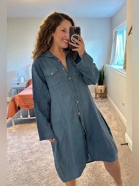 Lin Nature 100% Linen Blue Lagenlook Dress, size L